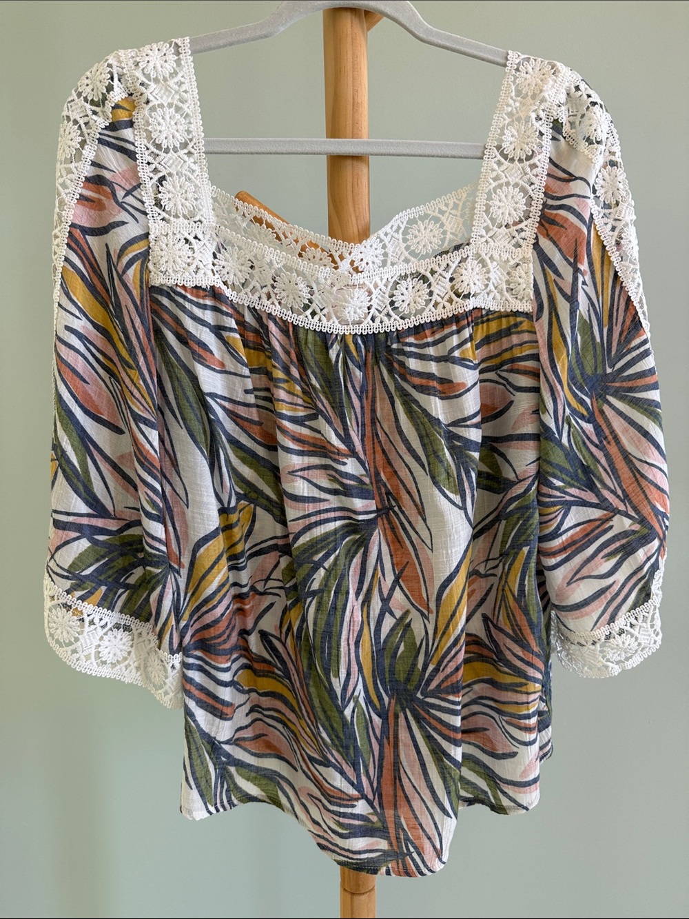 Zac & Rachel Cream Peasant Blouse with Olive, Mustard & Rust Leaf Print NWOT